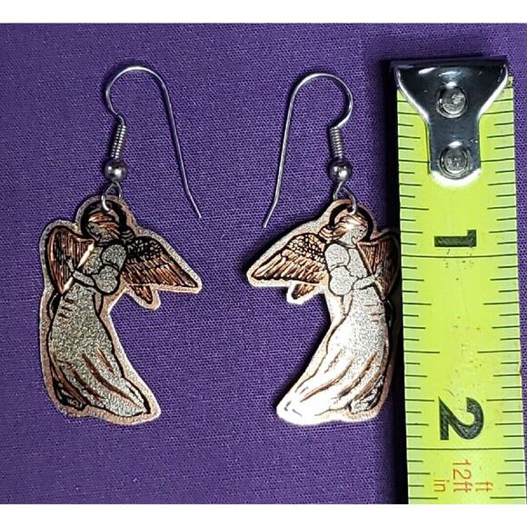 Copper And Silver Tone Angel Playing Harp Dangle Earrings, Lightweight Metal - Picture 4 of 10